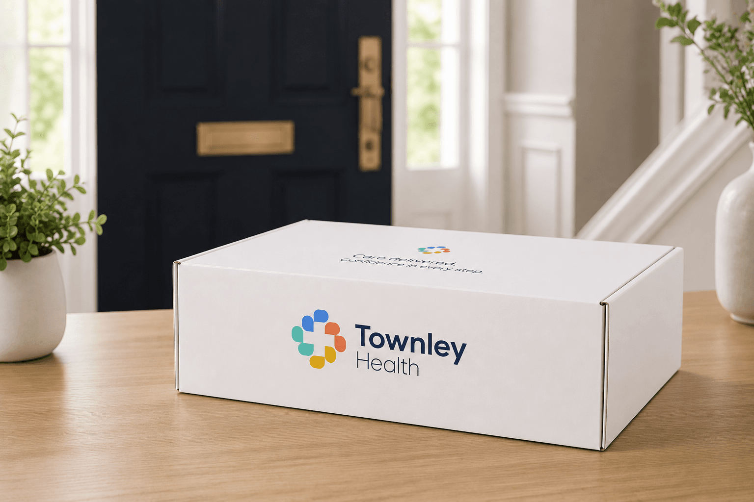Townley Health branded medication package delivered to a home entrance